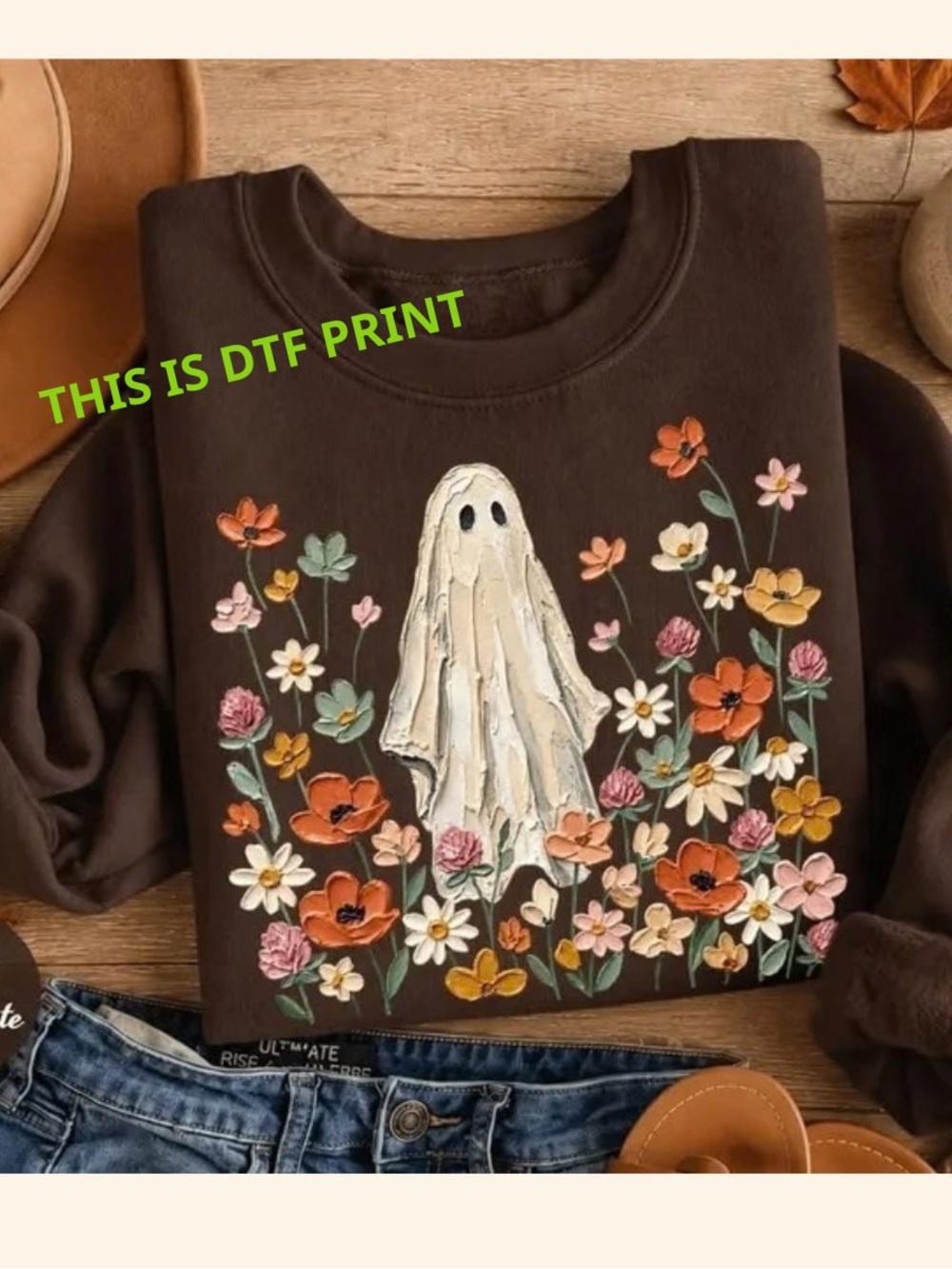 Brown Ghost & Floral Graphic Sweatshirt, Cozy Wildflower Sweatshirt